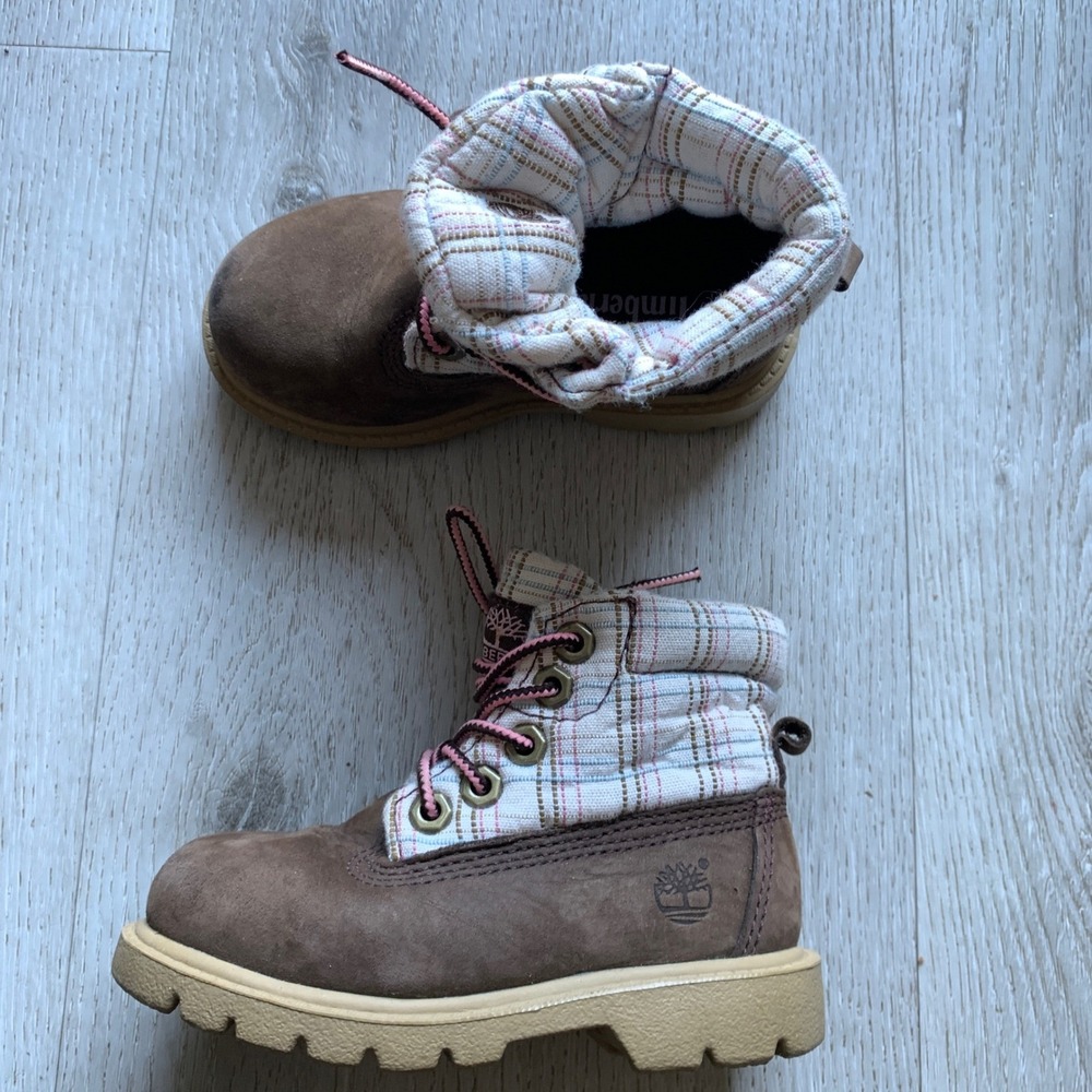 Timberland Girls " Roll-Top Boots Brown Pink Plaid Flannel Padded Collar Size 7
